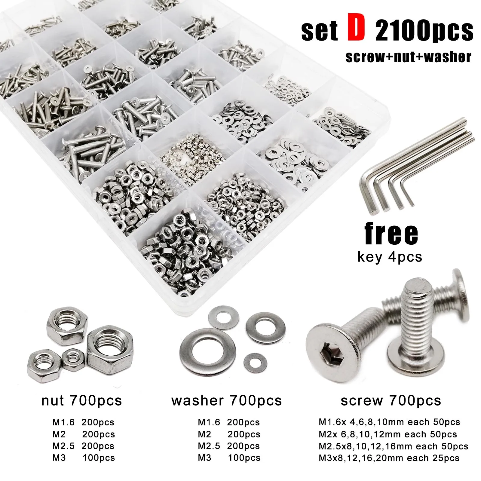 400/2100 M1.6 M2 M3 M4 M5 304 스테인리스 스틸 육각 소켓, 초박형 플랫 웨이퍼 헤드 나사 볼트 너트 와셔 모음 세트