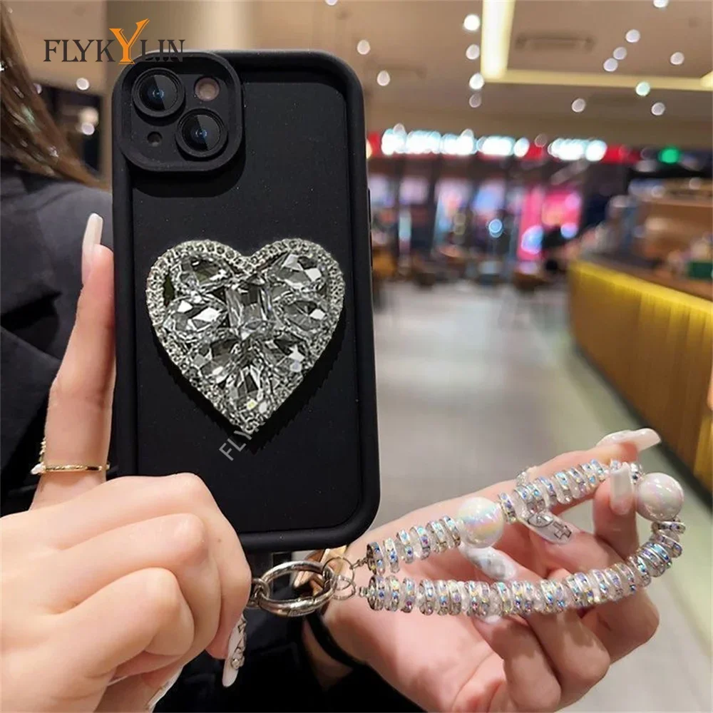 FLYKYLIN 러브 다이아몬드 전화 케이스 삼성 S25 S24 S23 S22 울트라 S21 플러스 S20 FE 참고 20 소프트 실리콘 팔찌